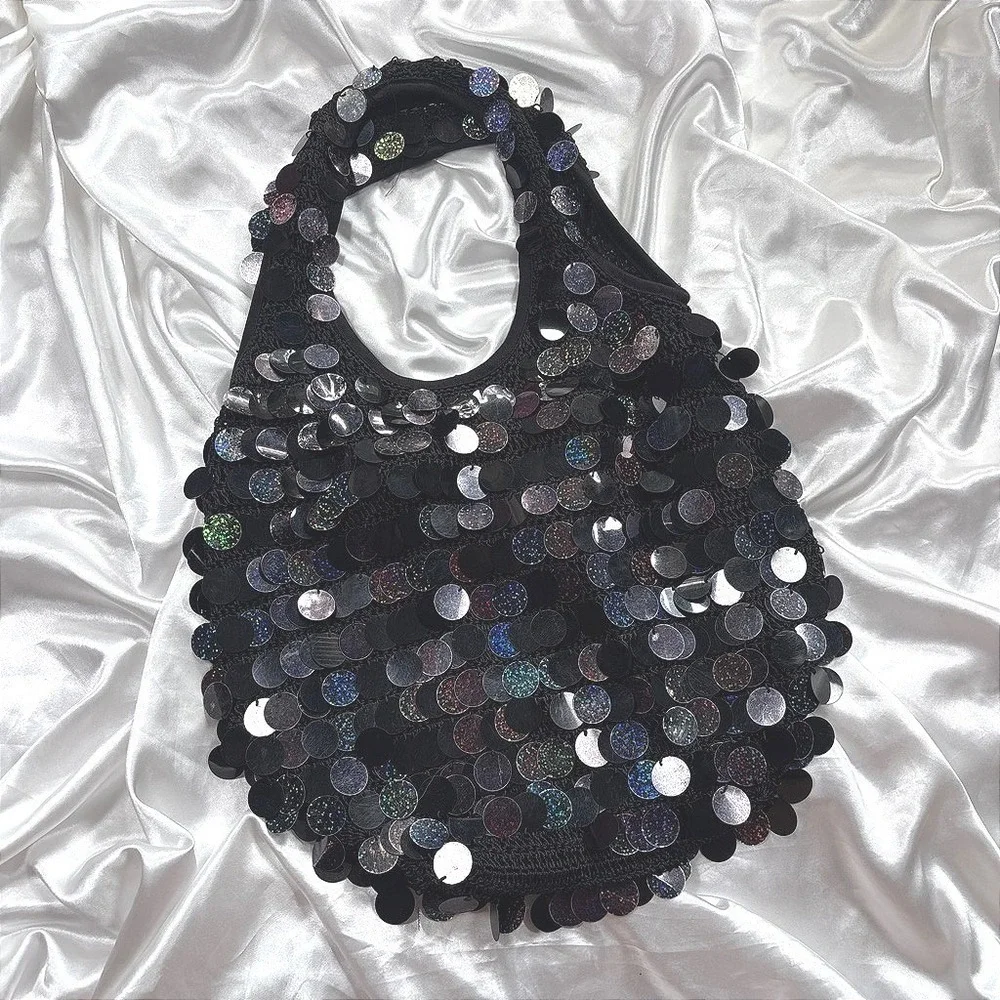 y2k Hobo Bag Black Excellent Holographic Large Sequin Disco Iridescent Crochet